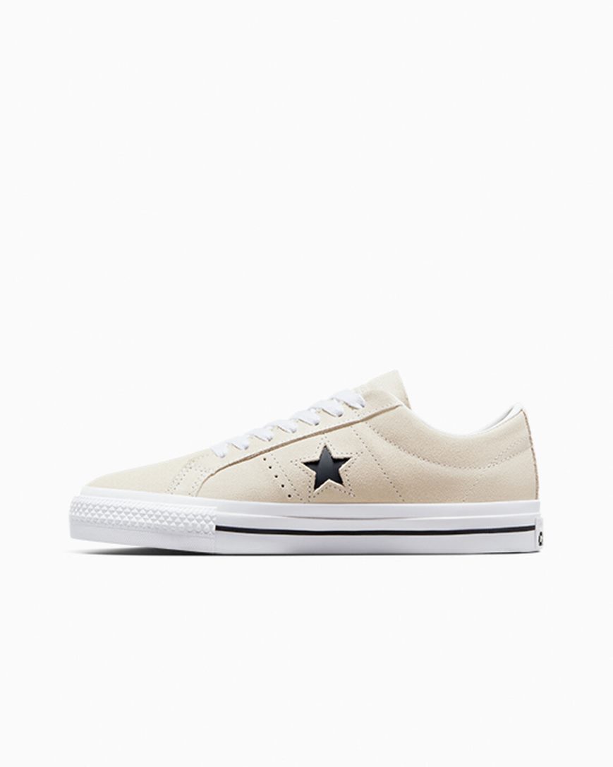 Bascheți Barbati Converse CONS One Star Pro Piele Intoarsa Bej Albi Negrii | RO KZJRU820